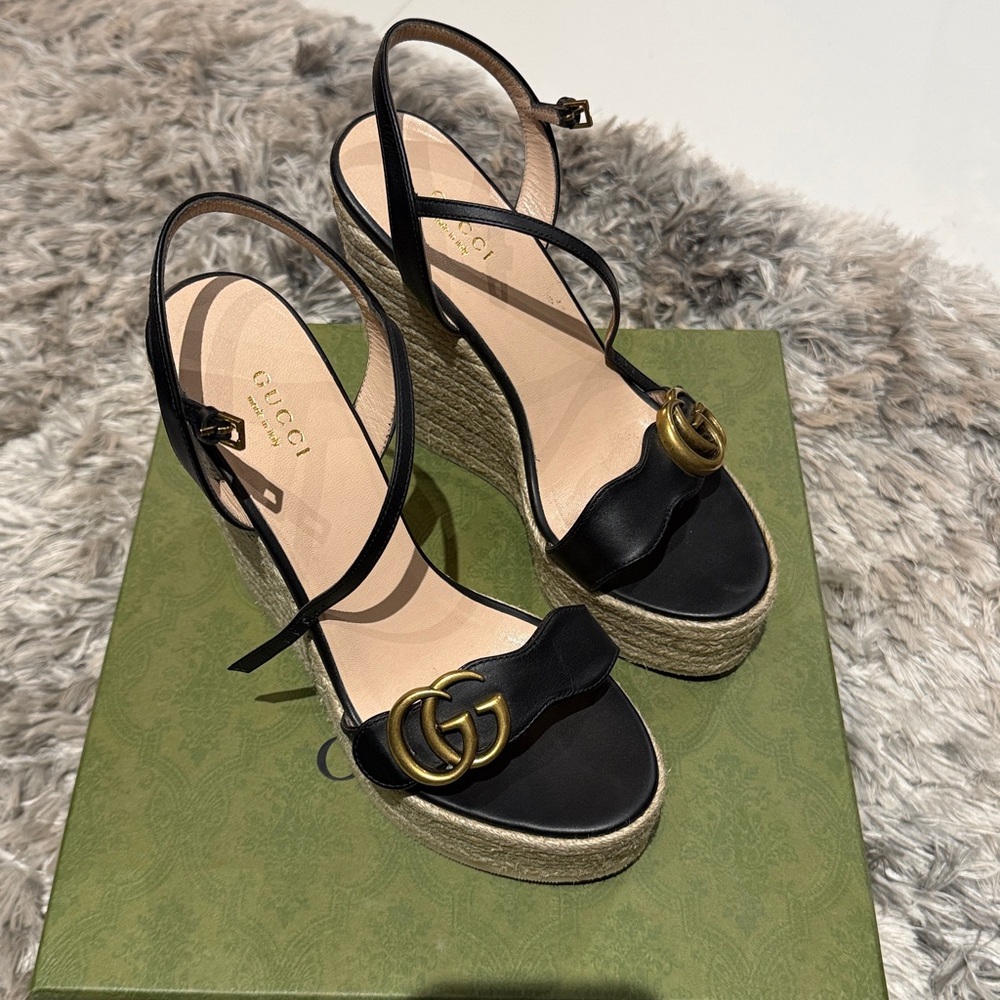 Gucci Lifford Black Leather Platform Espadrille Wedge Sandals - Size 37.5